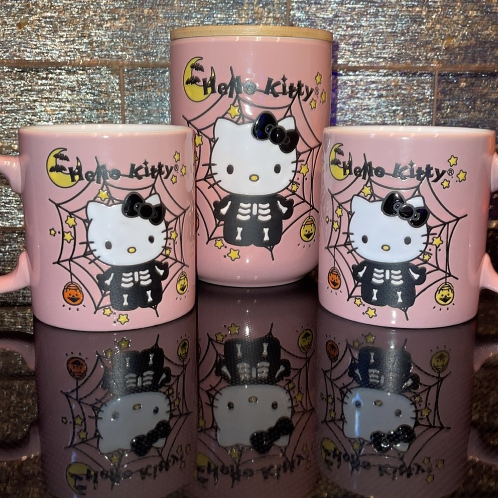 Pink Halloween Hello Kitty Canister & Mug Set Big Coffee Cups Storage Jar Wood
